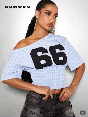 off shoulder variety crop top 🩵 66 graphic y2k baddie , shirred waist